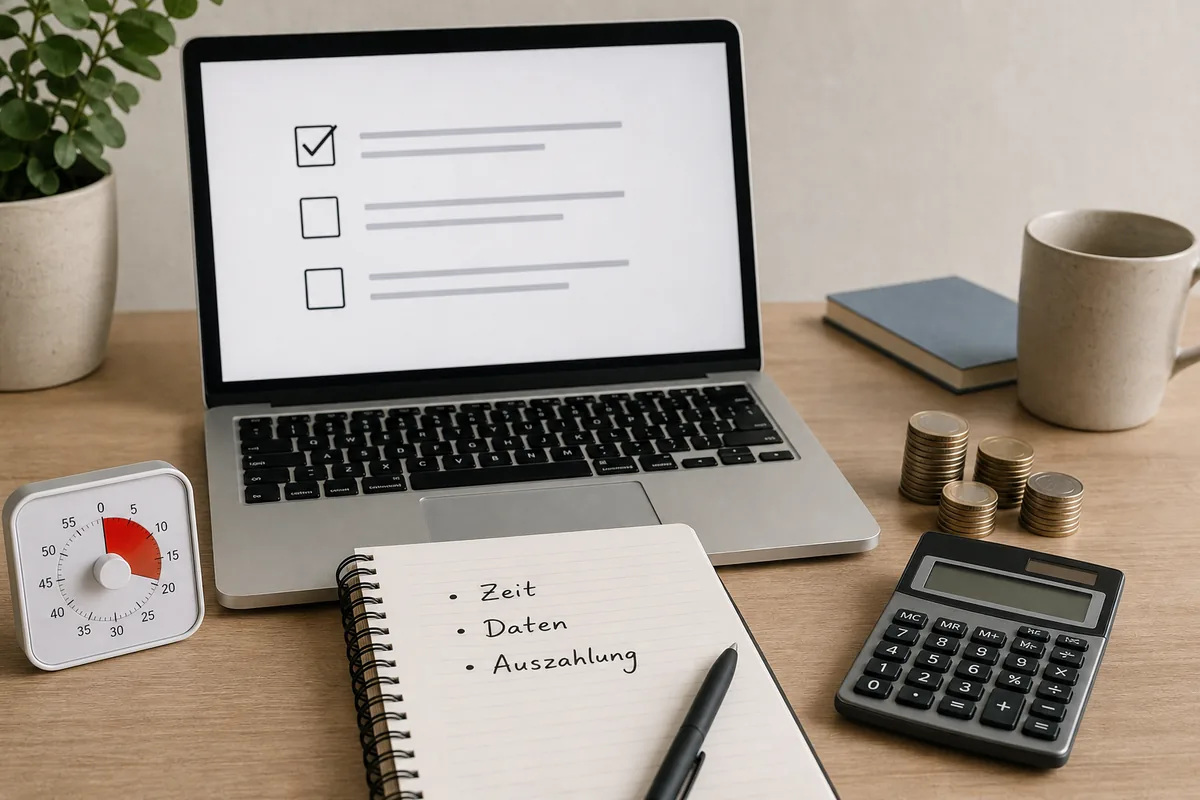 Schreibtisch mit Umfrage-Checkliste, Timer, Rechner und Kriterien fuer bezahlte Online-Umfragen