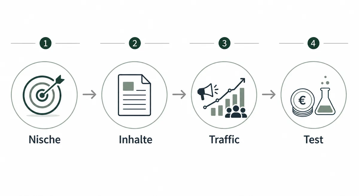 Vier Schritte vom Blog-Thema ueber Inhalte und Traffic bis zum Monetarisierungstest