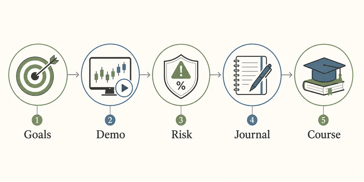 Fuenfstufiger Entscheidungsfilter fuer Daytrading-Anfaenger mit Zielen, Demokonto, Risiko, Journal und Kurspruefung