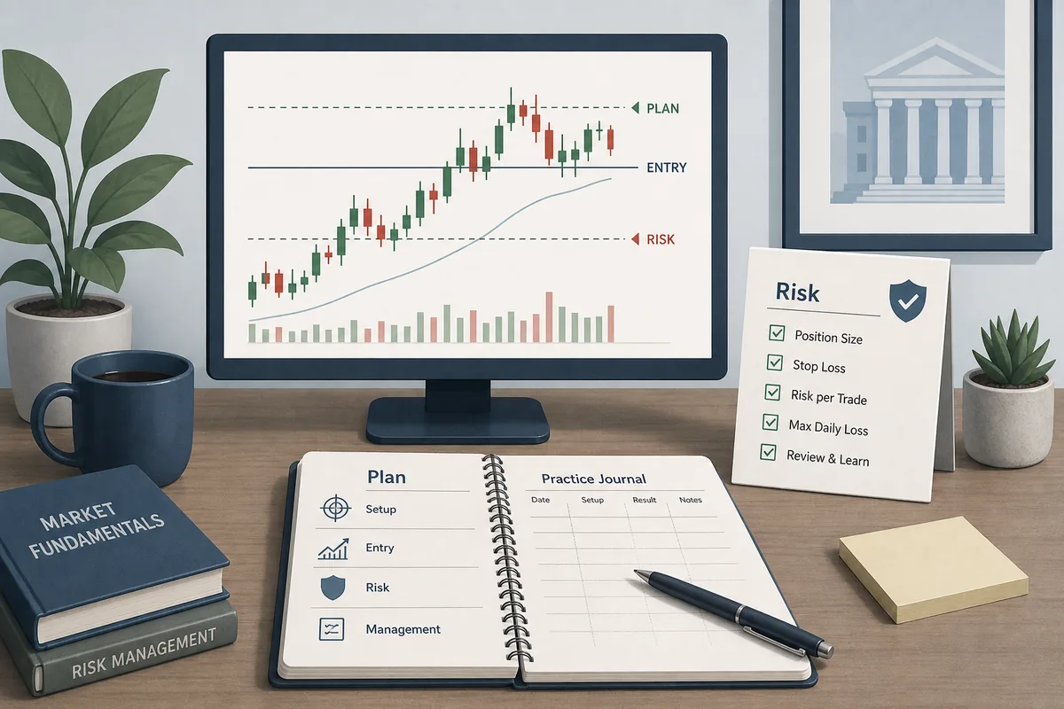 Konservative Finanzgrafik mit Candlestick-Chart, Risiko-Checkliste und Lernnotizen fuer Daytrading-Anfaenger