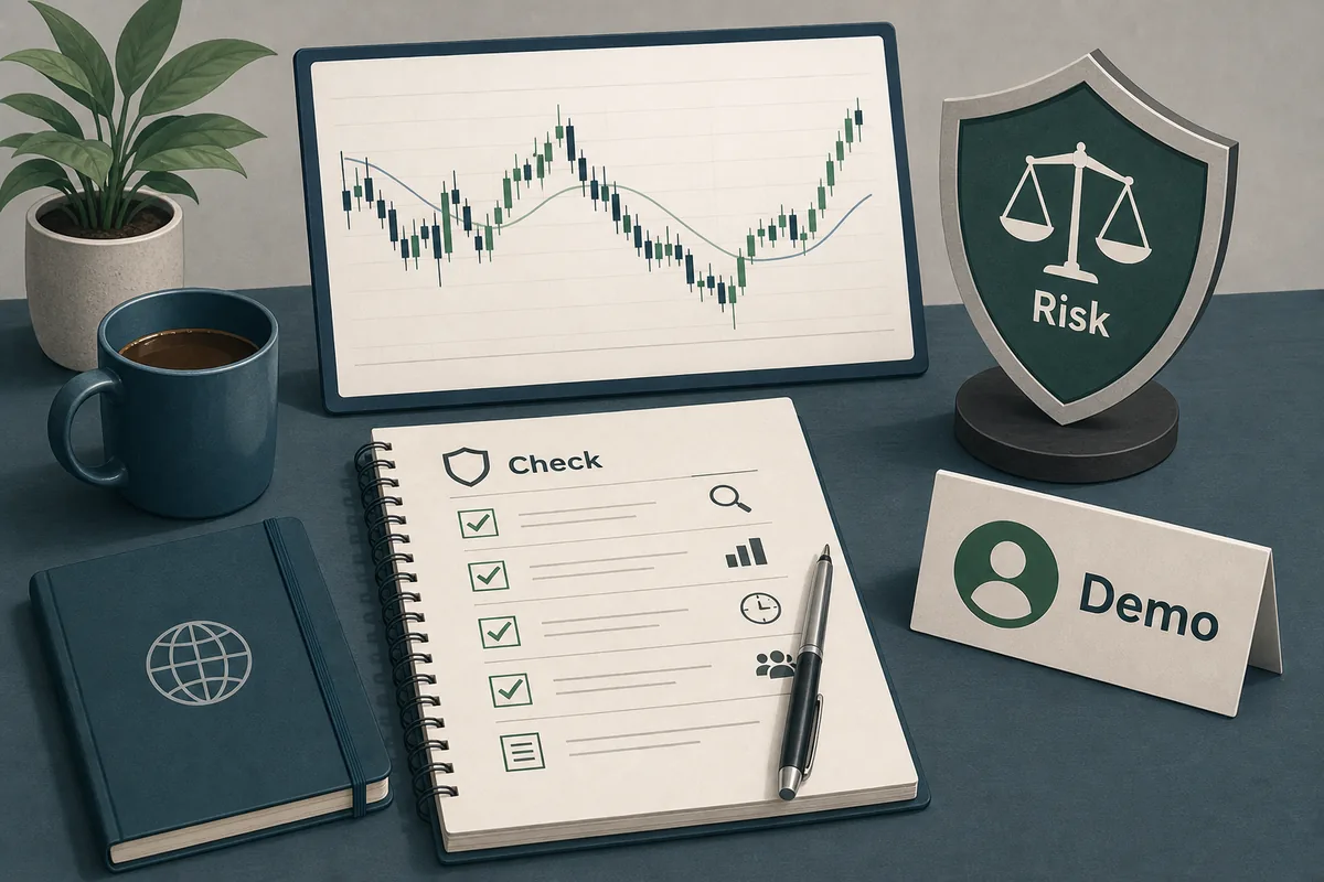 Konservative Finanzgrafik zu Forex Trading Signalen mit Checkliste, Demokonto und Risikoschutz