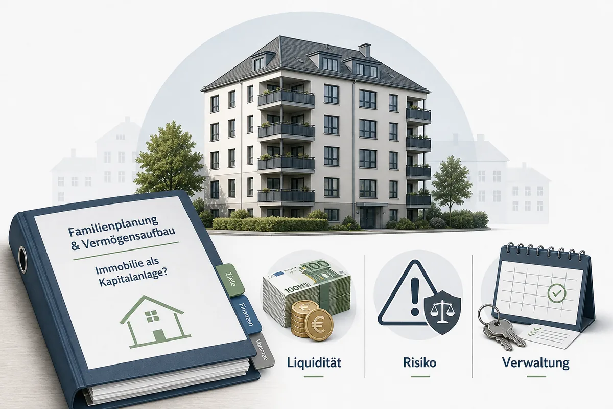 Editoriale Finanzgrafik zu Immobilie als Kapitalanlage mit Familienplanung, Liquiditaet, Risiko und Verwaltung