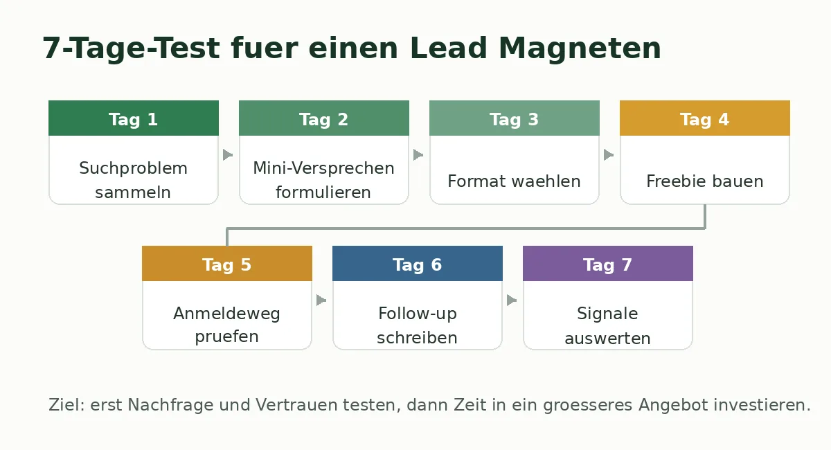 Sieben Tage Testplan fuer einen Lead Magneten von Suchproblem bis Signalauswertung