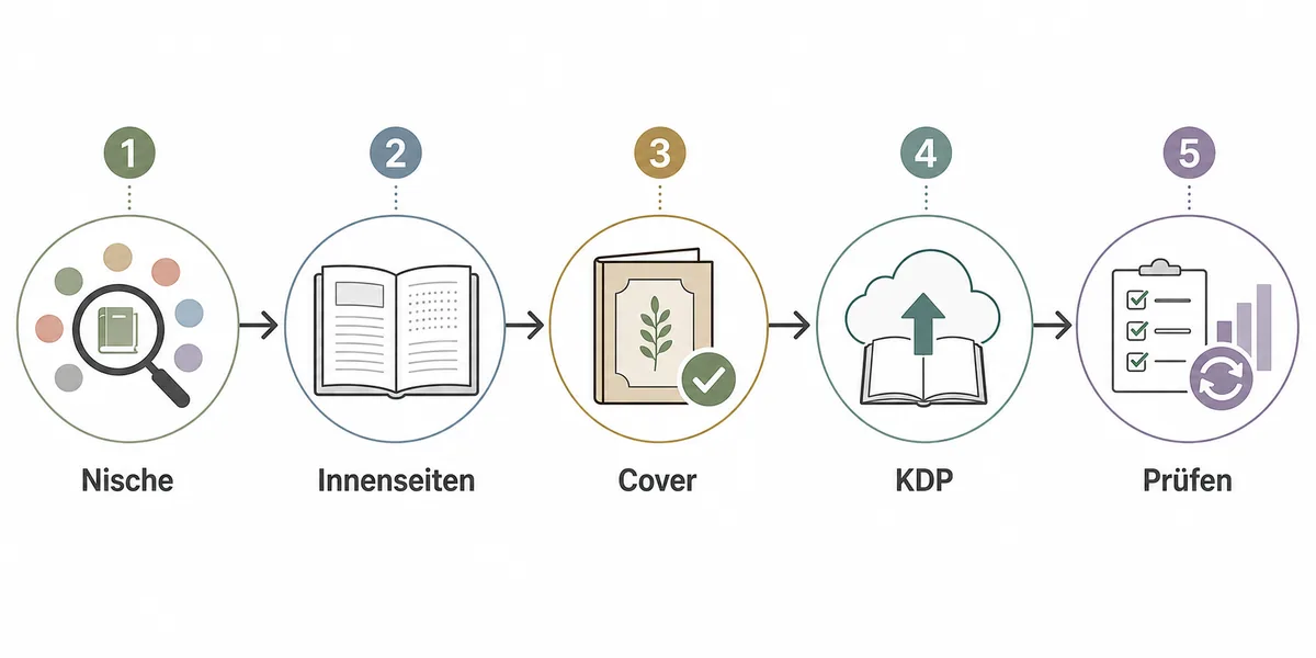 Fuenf Schritte fuer Low Content Buecher von Nischencheck ueber Innenseiten und Cover bis KDP und Pruefung