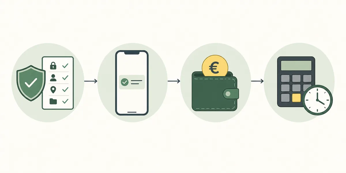 Vierstufiger Ablauf aus Berechtigungsprüfung, kleiner App-Aufgabe, Auszahlungstest und Auswertung von Zeit und Erlös
