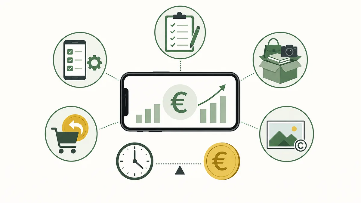 Smartphone mit Symbolen für Mikrojobs, Umfragen, Cashback, Verkauf und Fotolizenzen sowie Uhr und Euro-Münze
