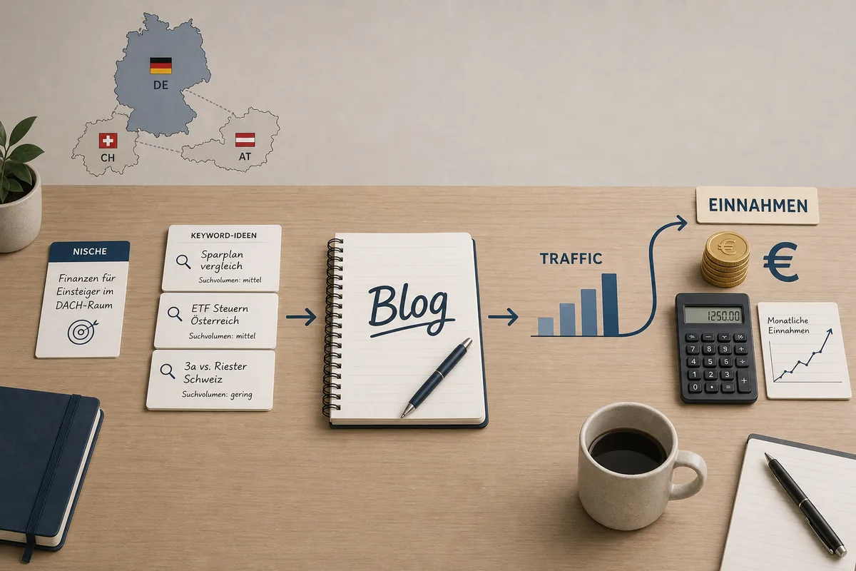 Editoriale Planungsgrafik fuer einen Blog, der mit Nische, Traffic und Einnahmen aufgebaut wird