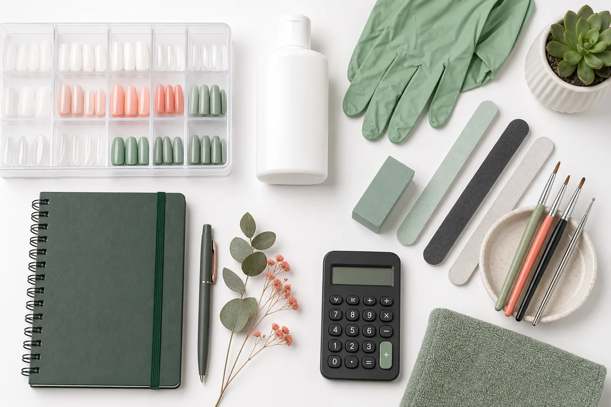 Geordnete Nageldesign-Arbeitsmittel neben Terminbuch und Kalkulator als Symbol für Technik, Hygiene und Nebenberuf
