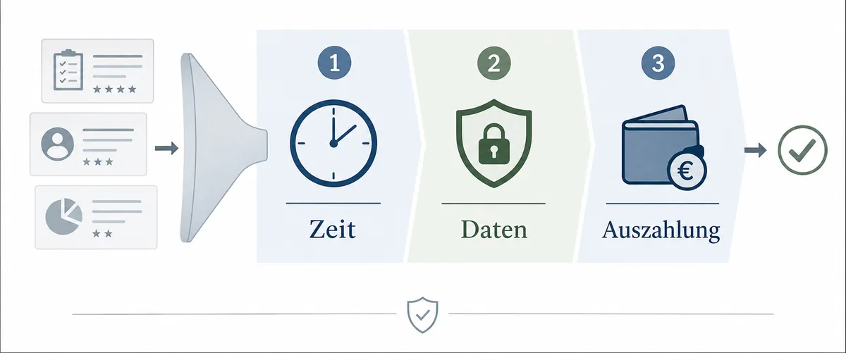Drei-Punkte-Filter fuer bezahlte Online-Umfragen mit Zeit, Daten und Auszahlung