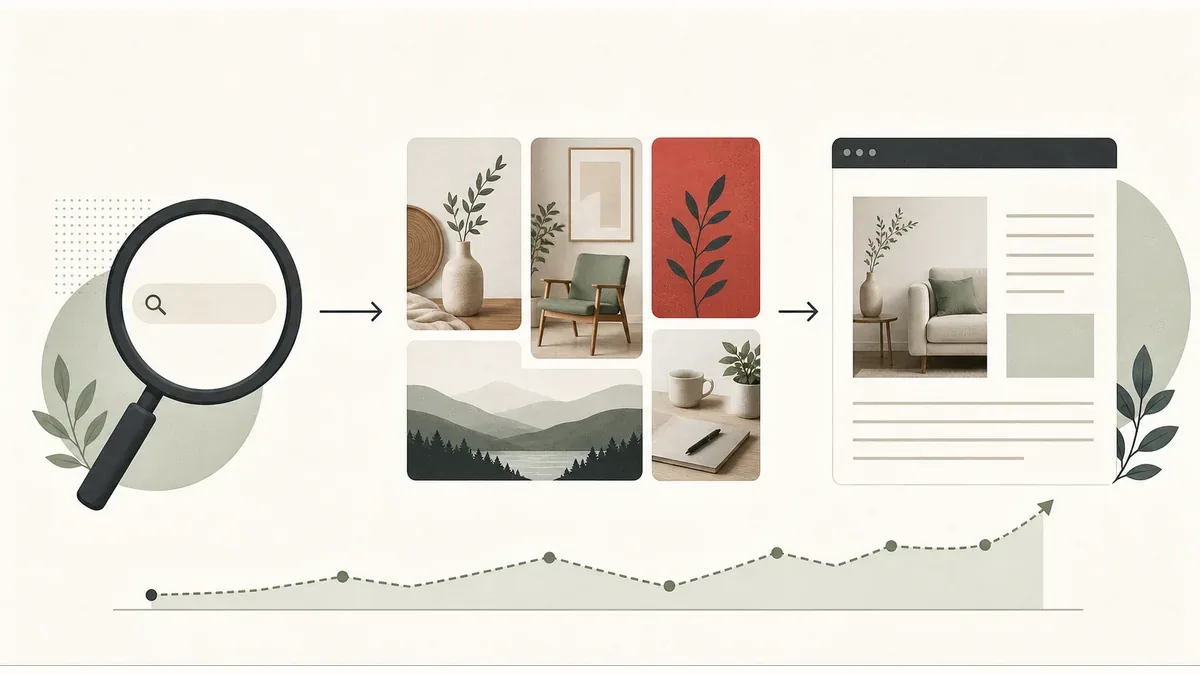Editoriale Grafik vom Pinterest-Suchimpuls über visuelle Pins bis zur eigenen Zielseite und Auswertung