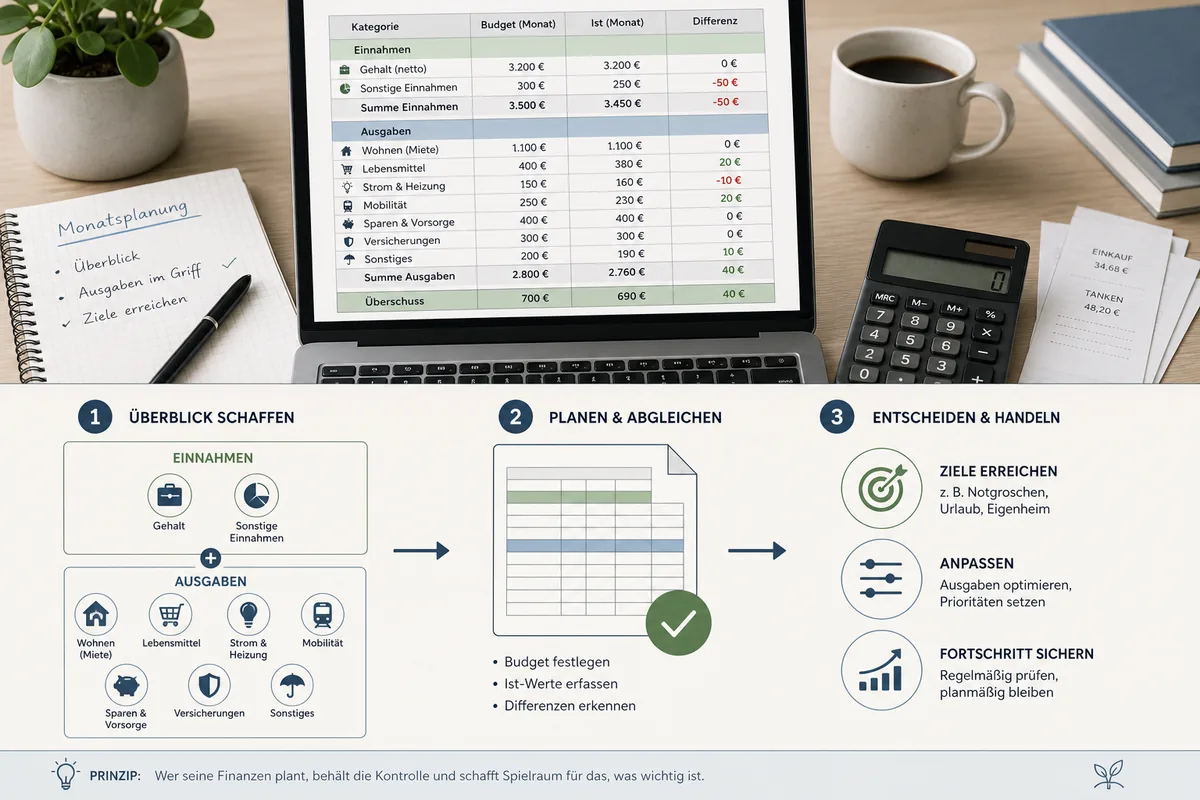 Editoriale Finanzplan-Grafik mit Tabellenraster, Budgetkategorien und Haushaltsueberblick