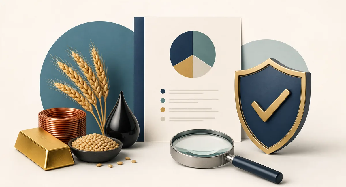 Editoriale Finanzgrafik mit Gold, Kupfer, Getreide, Öl, Portfolio und Risikoprüfung für Rohstoff-Anfänger