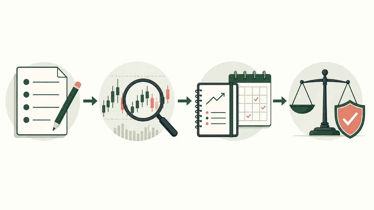 Vierstufiger Swing-Trading-Test aus Regelblatt, historischer Prüfung, Paper-Trading-Journal und Abschlussentscheidung