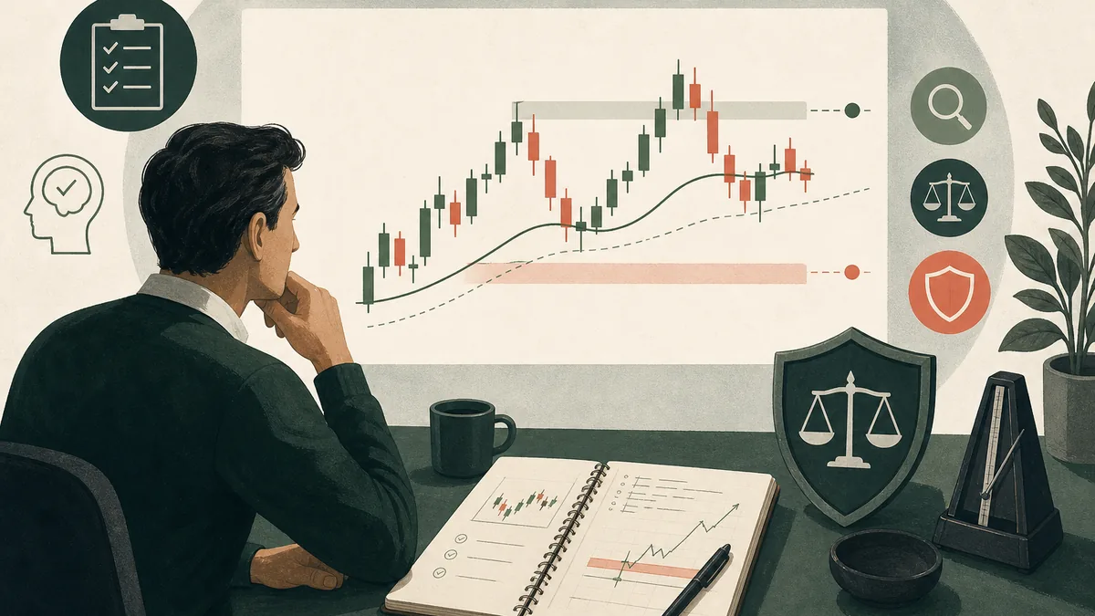 Editoriale Finanzgrafik zu regelbasiertem Swing Trading mit Tageschart, Risikoschild und Trading-Journal