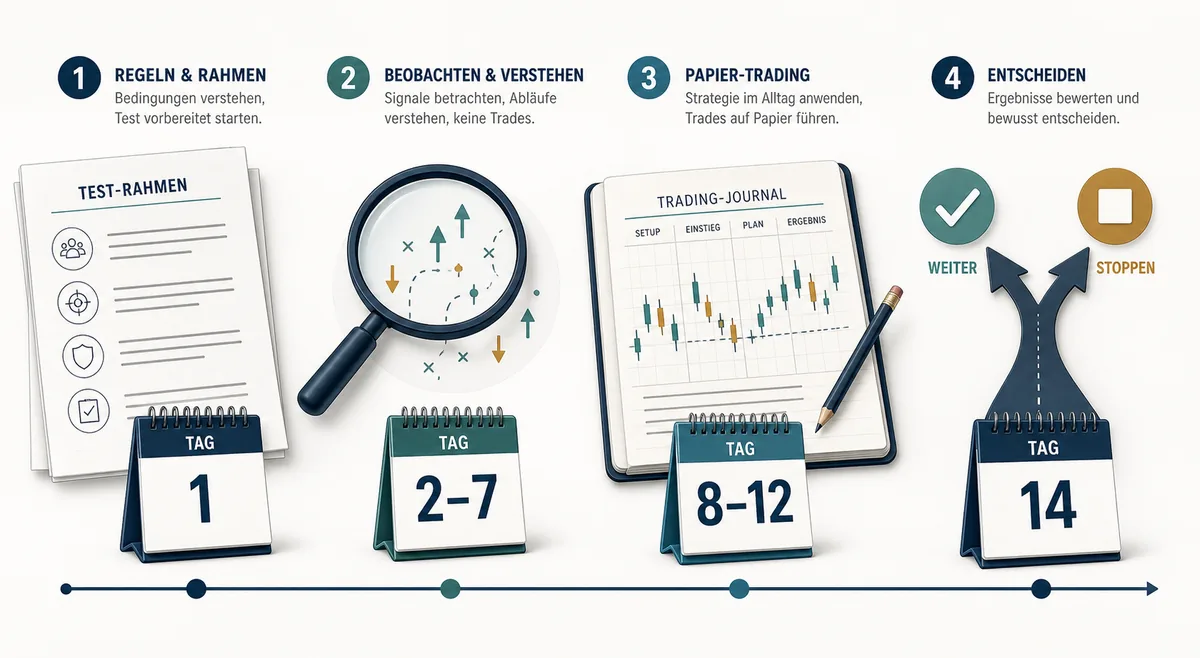 Vierstufiger 14-Tage-Test einer Trading Community von Regeln über Beobachtung und Papierhandel bis zur Entscheidung