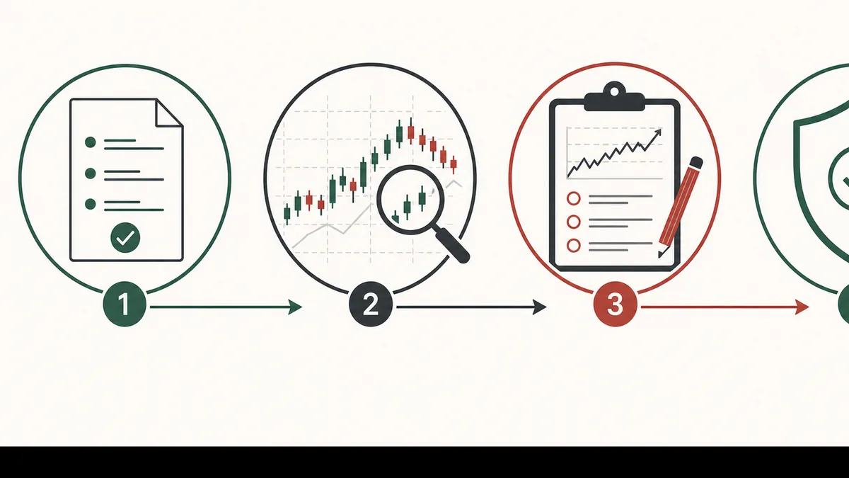 Vierstufiger Ablauf aus Regeldefinition, historischer Prüfung, Paper Trading und Risikofreigabe