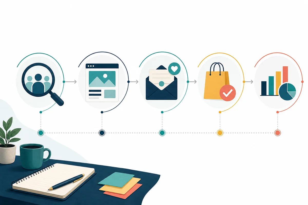 Fünfstufiger Verkaufsfunnel von Zielgruppe über Landingpage und Follow-up bis Angebot und Auswertung