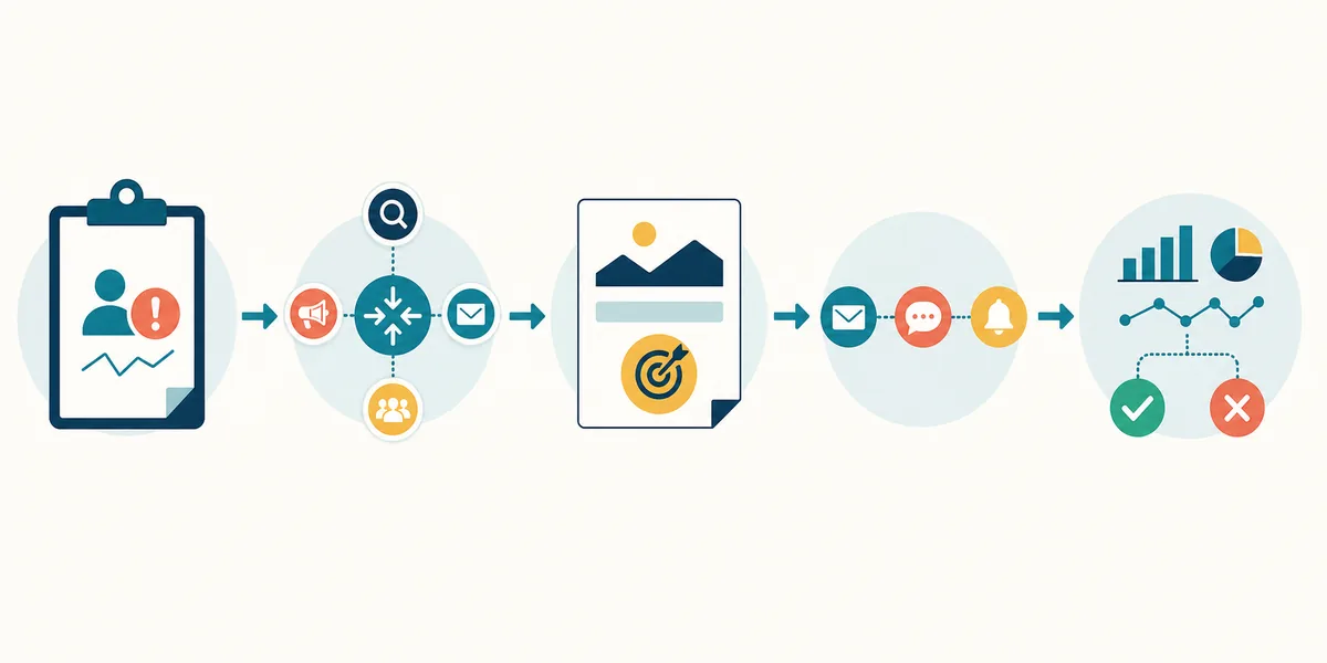 Minimaltest eines Verkaufsfunnels von Problem und Besucherquelle über Einstiegsseite und Follow-up bis Auswertung