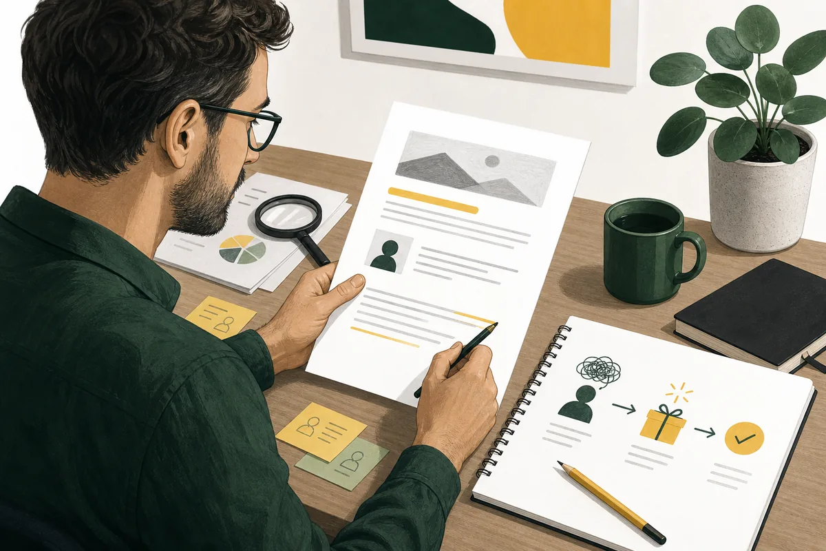 Editoriale Grafik zum Schreiben eines Verkaufstextes mit Zielgruppenrecherche, Nutzenversprechen und Ueberarbeitung