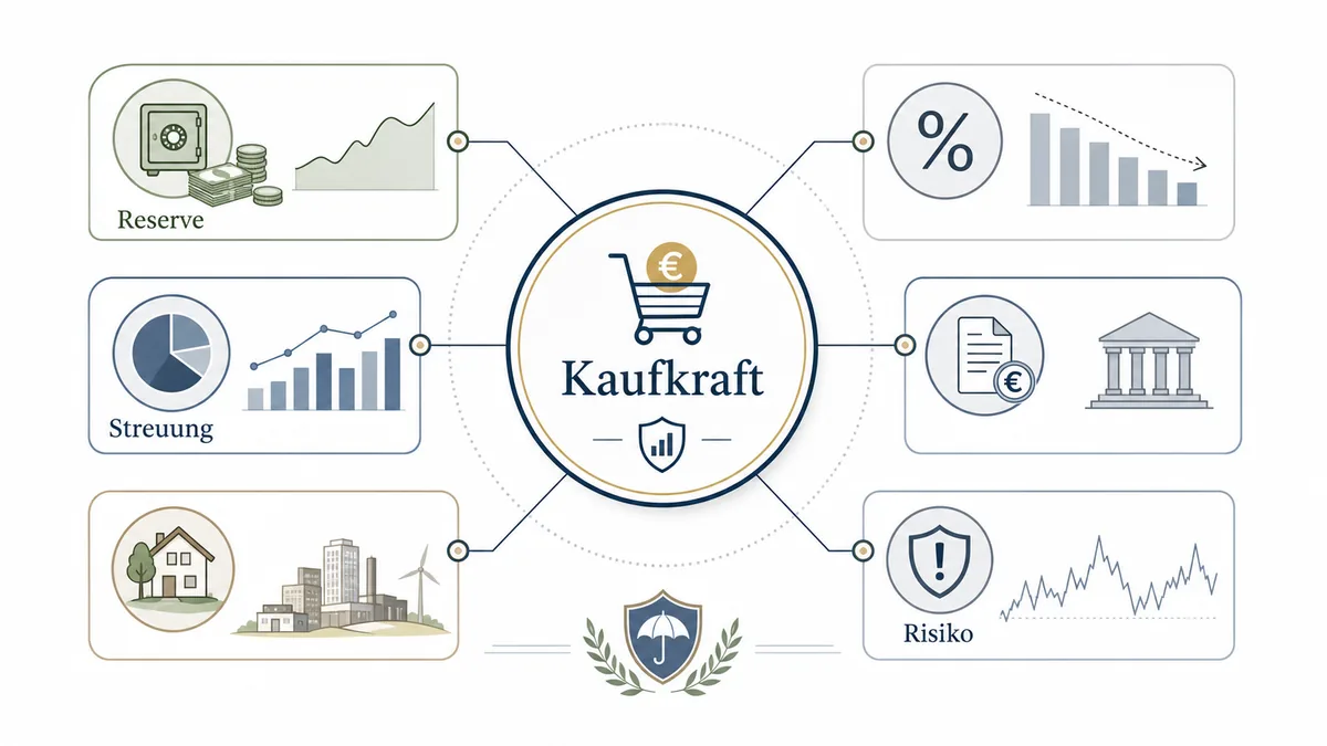 Editoriale Finanzgrafik mit Kaufkraft, Reserve, Streuung und Risiko als Rahmen gegen Inflation