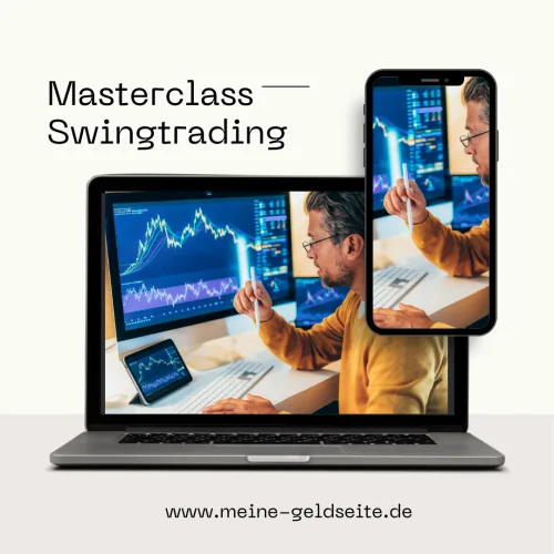 Produktabbildung der Masterclass Swingtrading mit Chartanalyse auf Laptop und Smartphone