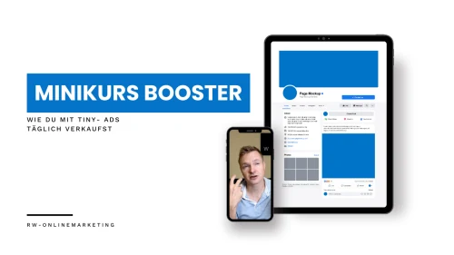 Anbieterabbildung des Revenue Booster Minikurses mit Verkaufsseite und mobilen Anzeigen