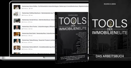 Produktdarstellung von Tools der Immobilienelite mit Buch, Arbeitsbuch und Video-Masterclasses